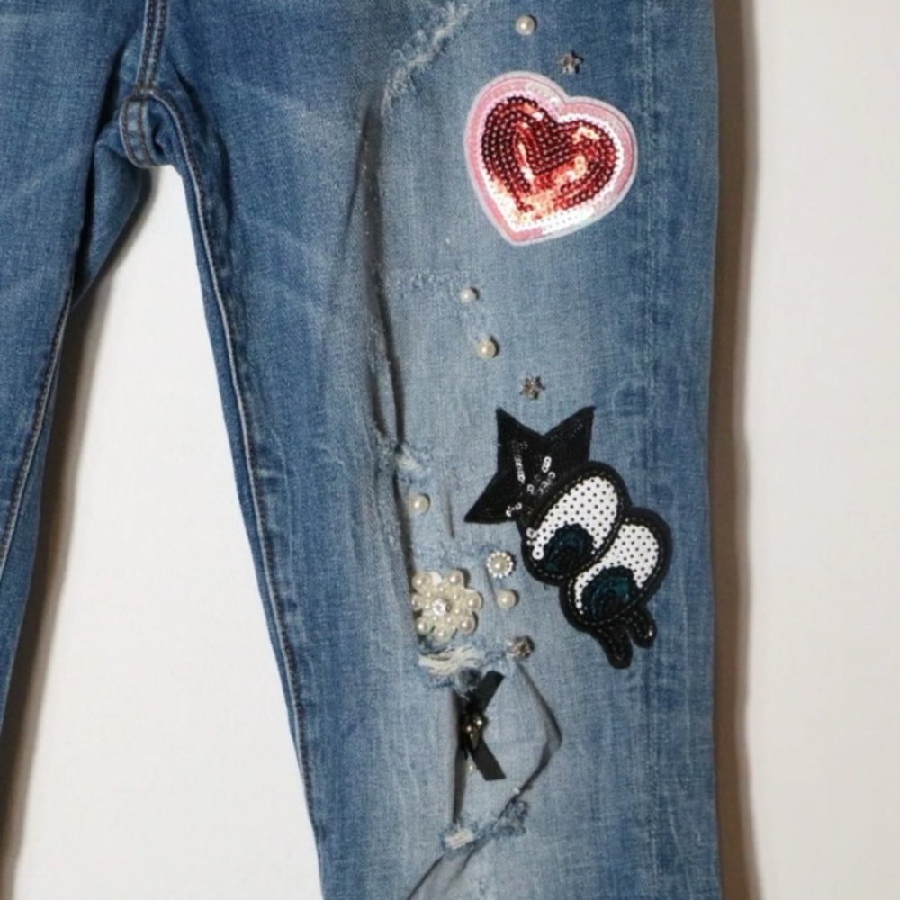 TRADE W @talljames! DRIFTWOOD BEAU SEQUIN HEART APPLE STRAWBERRY EYES JEANS 31 - Picture 2 of 8